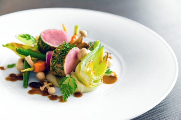 Delicious gourmet food Ein kunstvoll angerichtetes Filet mit Kräuterkruste, serviert auf Püree mit buntem Gemüse und Pilzen auf weißem Teller.