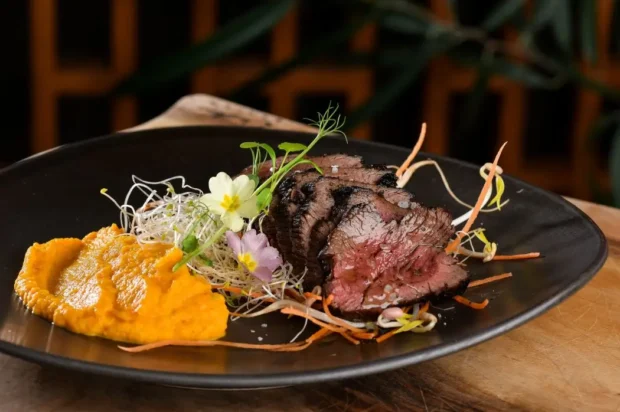 Wietzendorf_section Aufgeschnittenes Rindersteak mit Kürbispüree, Sprossen und essbaren Blüten auf einem eleganten schwarzen Teller serviert.