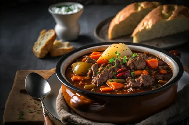 Winsen_section Ein herzhafter Rindfleischeintopf in einem braunen Topf mit Kartoffeln, Karotten und frischen Kräutern, serviert mit Brot.